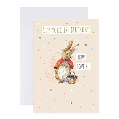 Connections from Hallmark 1st Birthday Card - Peter Rabbit How Lovely featuring Flopsy in a red cape, surrounded by colourful confetti and a white envelope.