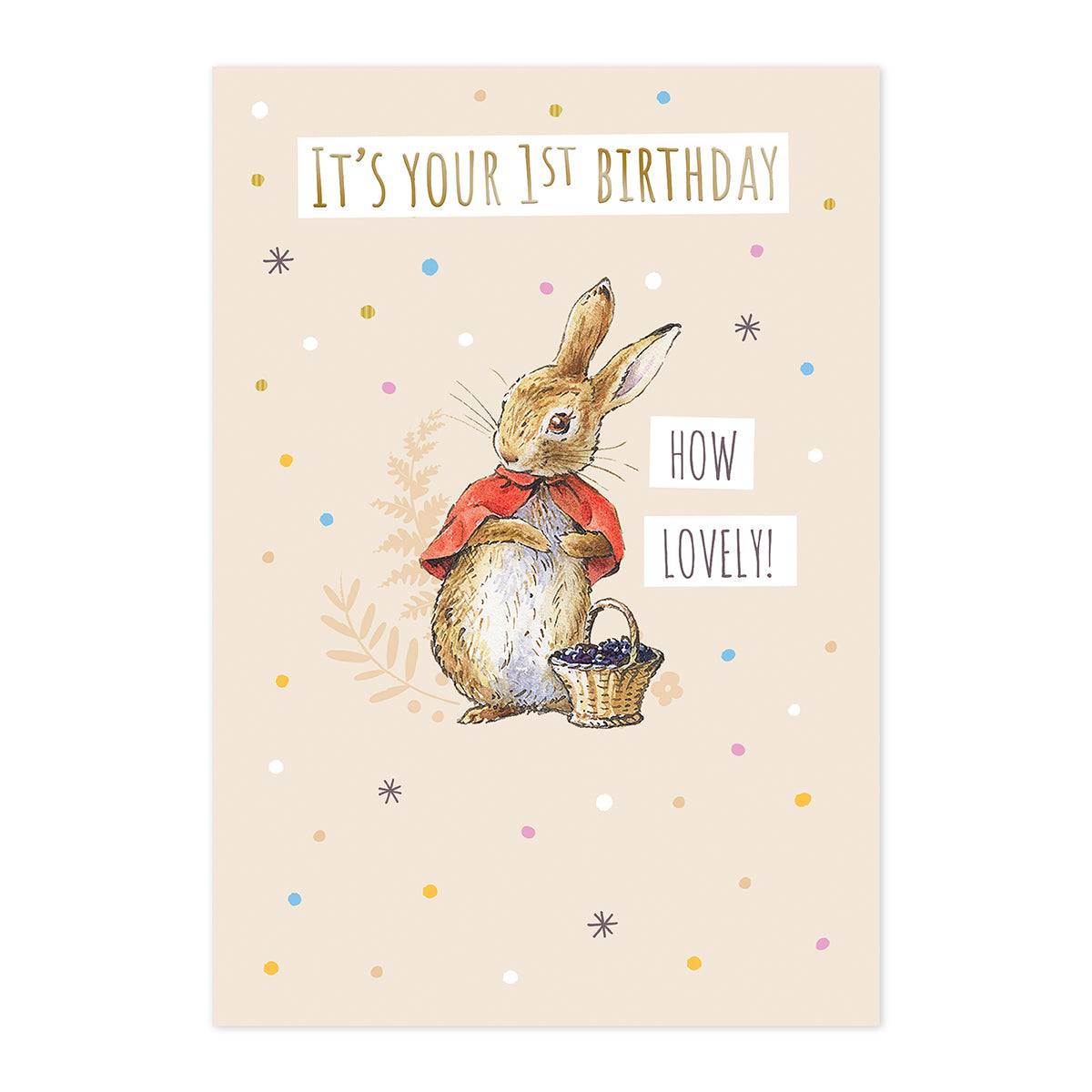 Connections from Hallmark 1st Birthday Card - Peter Rabbit How Lovely featuring Flopsy character with pastel dots background, flat lay view.