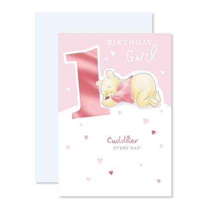 Connections from Hallmark Age 1 Birthday Card - Winnie the Pooh Birthday Girl with pink foil details and heart accents.