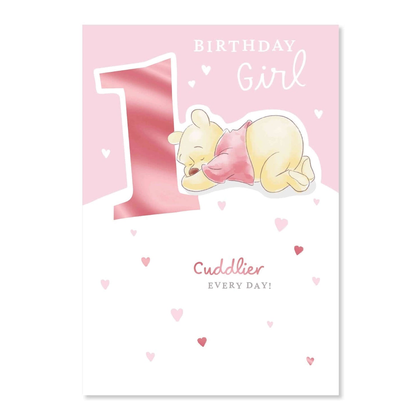 Connections from Hallmark Age 1 Birthday Card - Winnie the Pooh Birthday Girl with pink detailing and heart accents, featuring a sleeping Pooh.