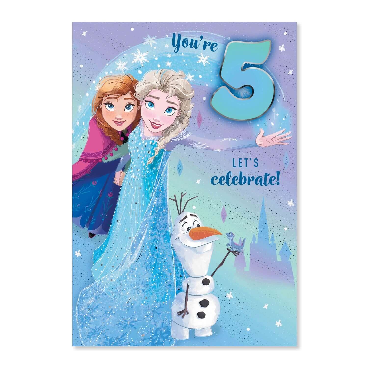 Connections from Hallmark Age 5 Birthday Card - Disney Frozen featuring Elsa, Anna, and Olaf with glittery details and vibrant colours.