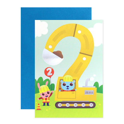 Connections from Hallmark 2nd Birthday Card - Digger featuring yellow digger shaped as number 2 with blue envelope, playful design, AU dimensions