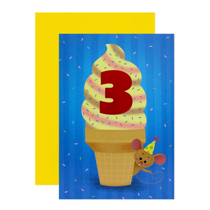 Connections from Hallmark 3rd Birthday Card - Ice Cream Cone featuring a cheerful ice cream cone design with number 3 and a mouse character, flat lay view.