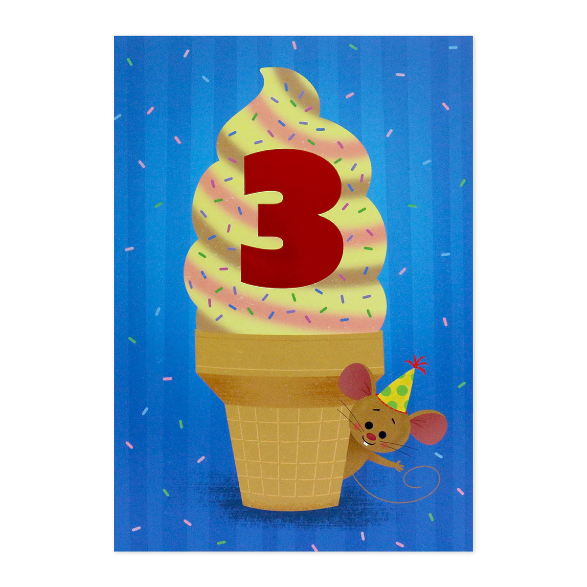 Connections from Hallmark 3rd birthday card - ice cream cone, featuring a colourful ice cream cone with sprinkles and a mouse.