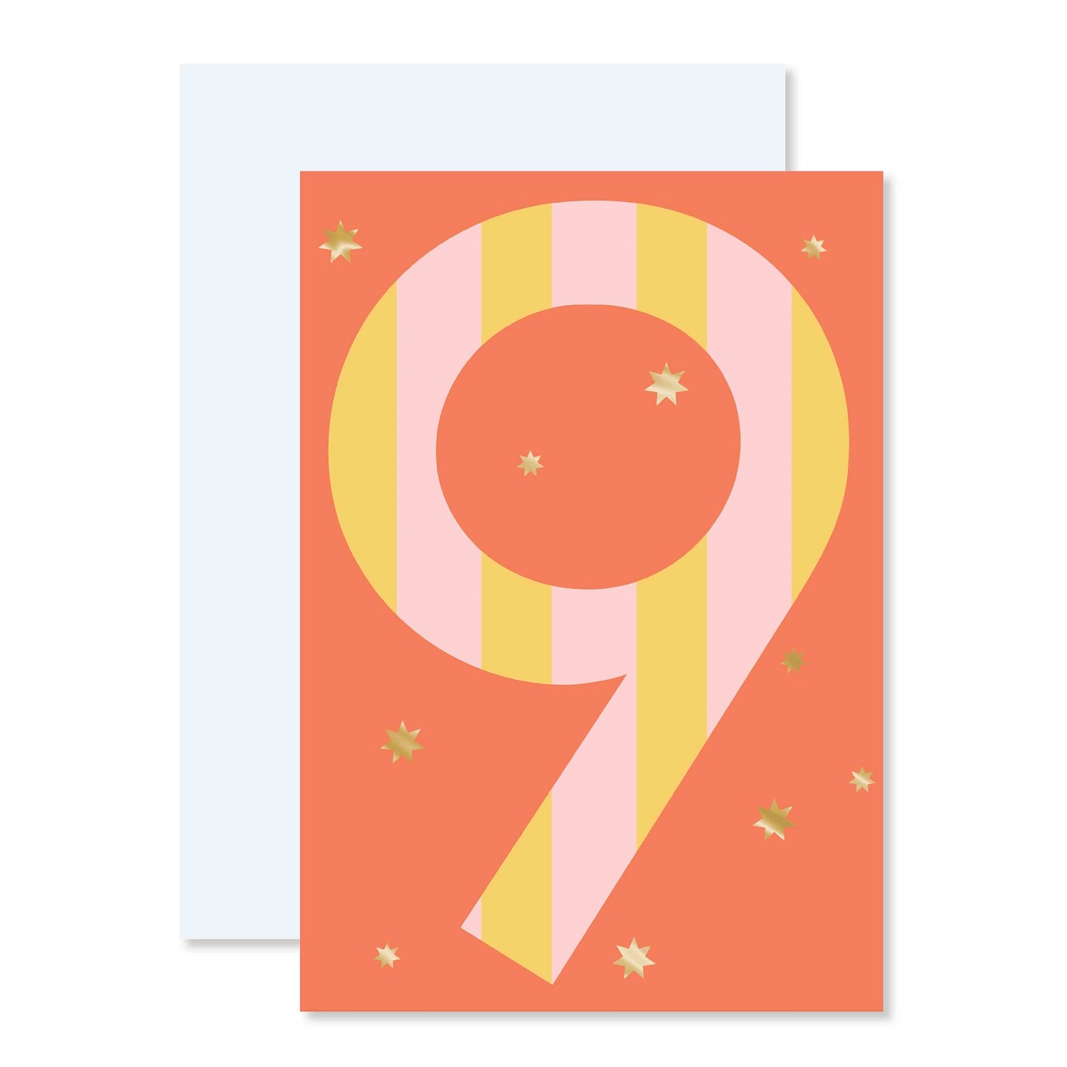 Connections from Hallmark Age 9 Birthday Card featuring a large striped number 9 with gold foil stars on a coral background.