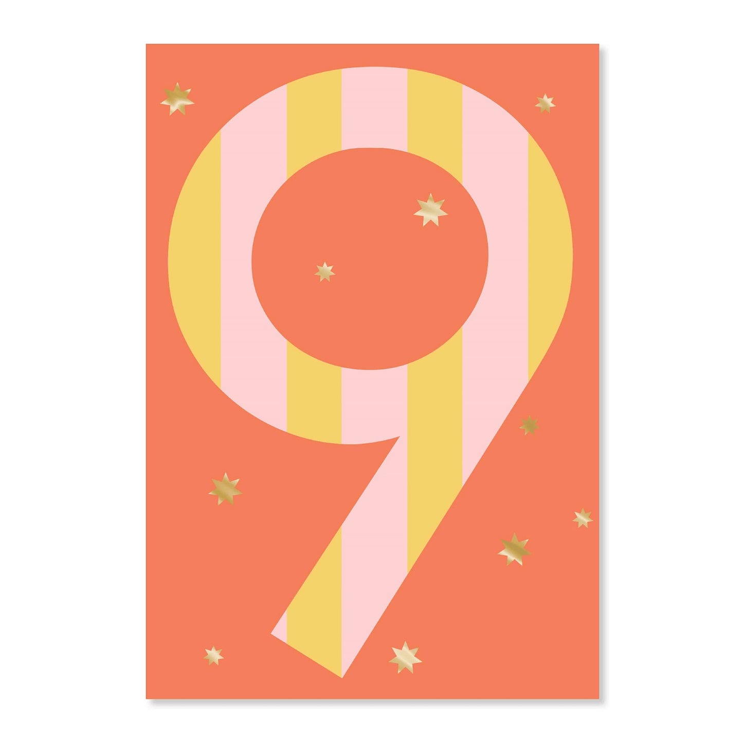 Connections from Hallmark Age 9 Birthday Card featuring large pink and yellow striped number 9 with gold foil stars on coral background.