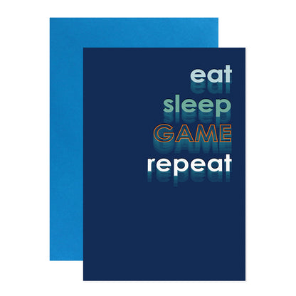 Connections from Hallmark Birthday Card - Eat, Sleep, Game, Repeat, featuring bold text on a navy background with a blue envelope.