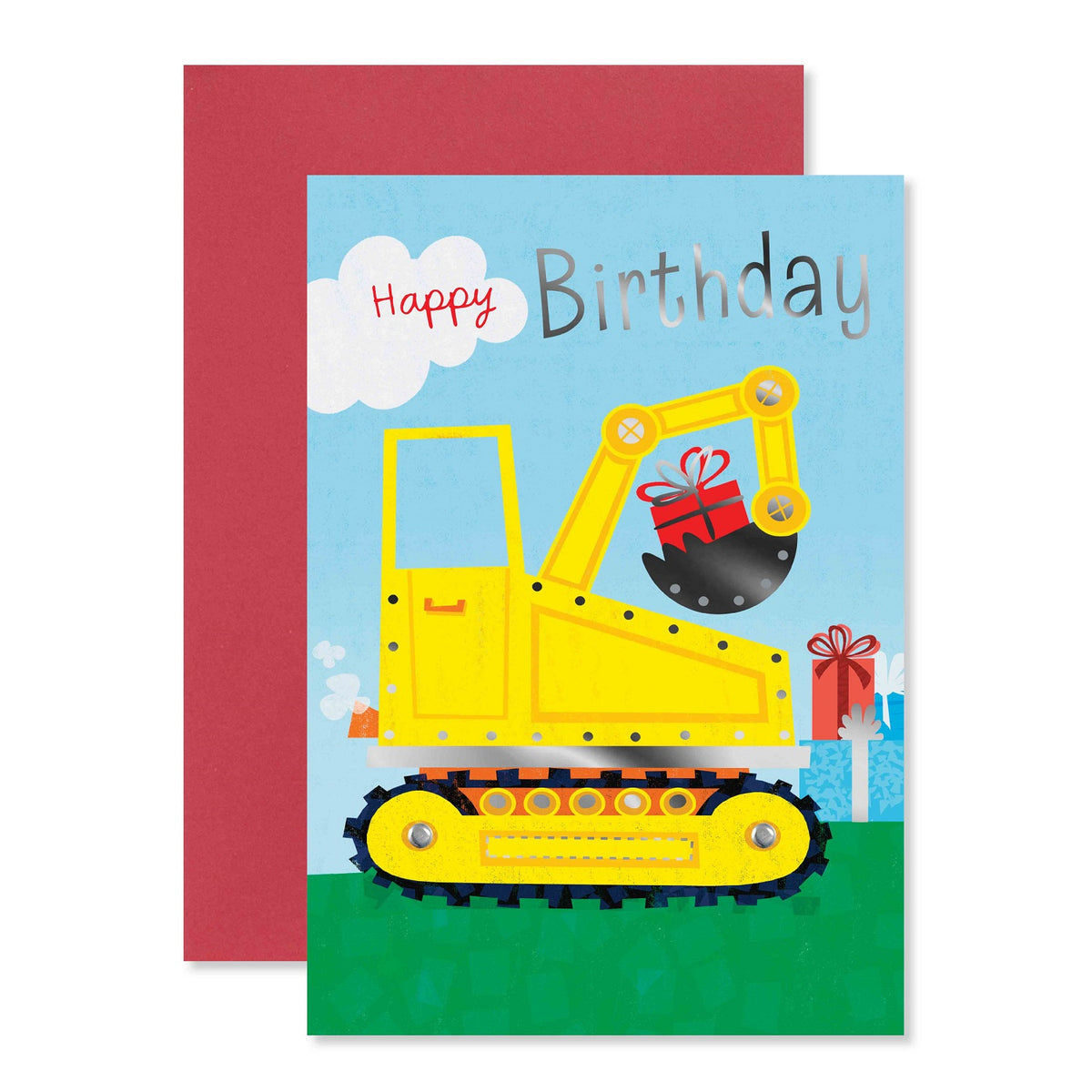 Connections from Hallmark Birthday Card - Happy Birthday featuring a yellow digger, colourful gifts, and a red background.