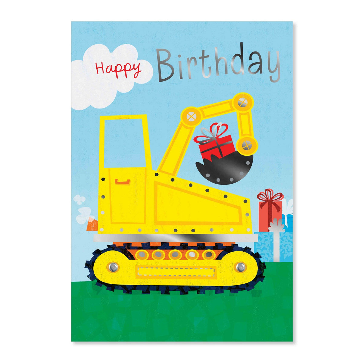 Connections from Hallmark Birthday Card - Happy Birthday featuring a yellow digger with a gift, colourful presents in the background.