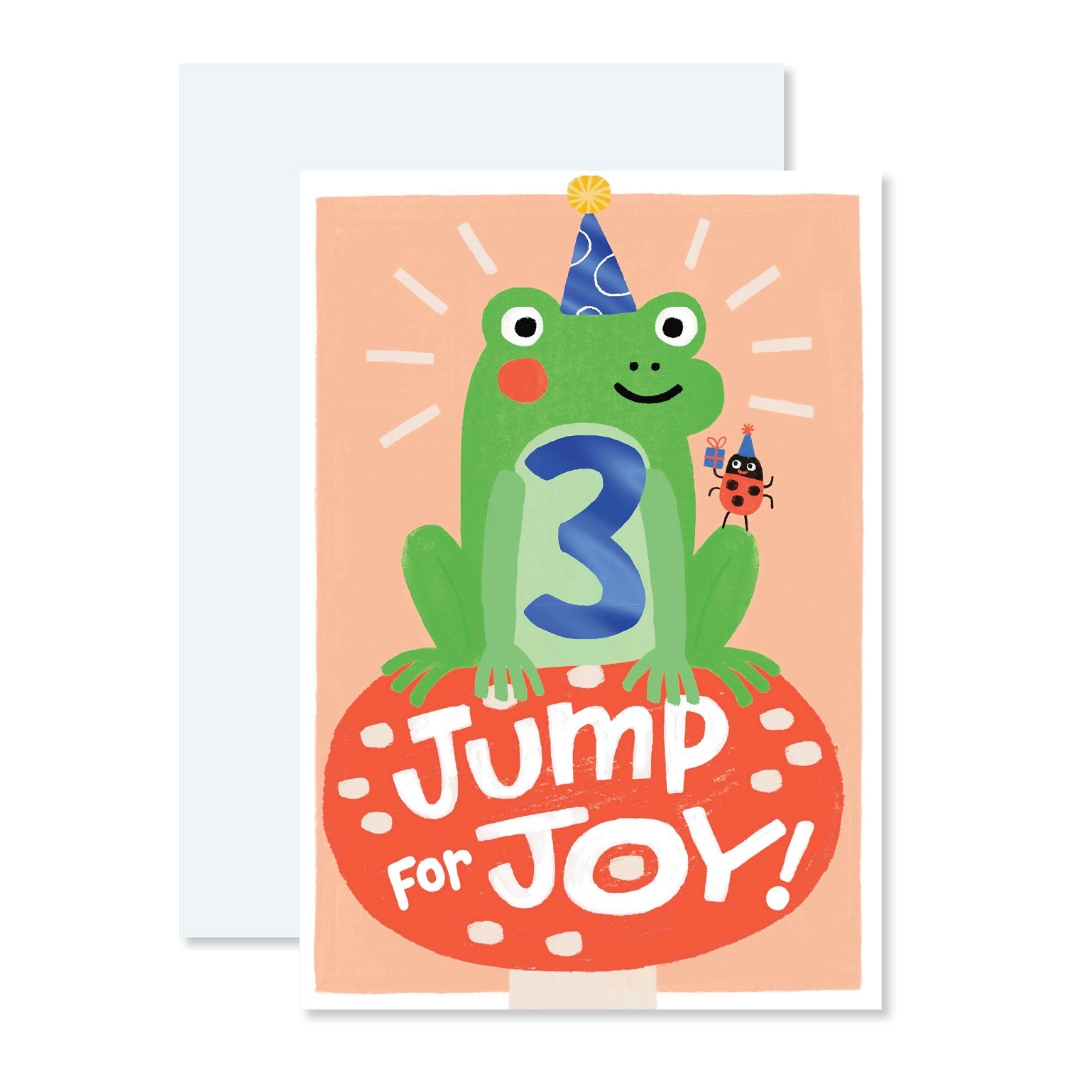 Connections from Hallmark Age 3 Birthday Card - Jump for Joy! features a cheerful frog wearing a party hat and a blue foil number 3.