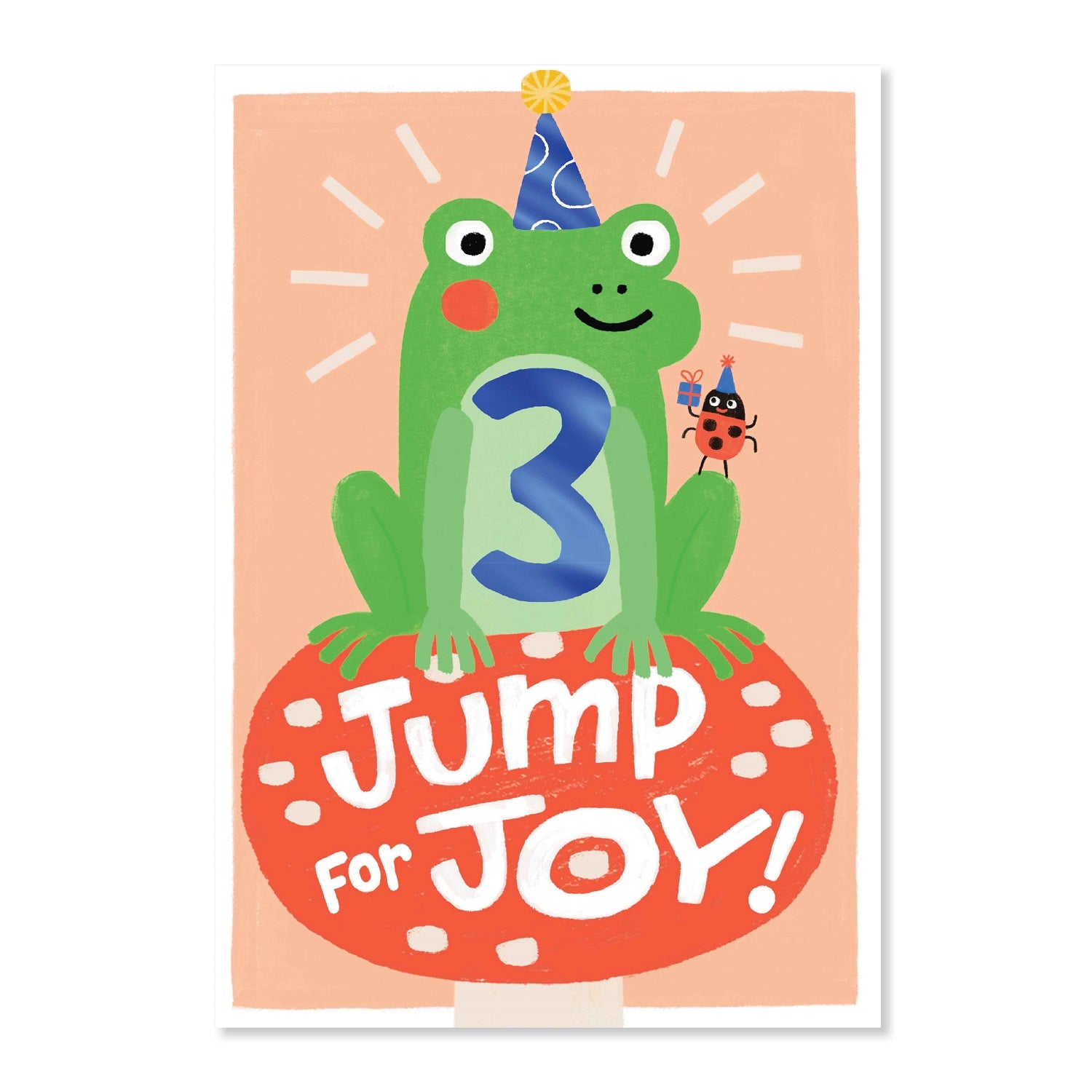 Connections from Hallmark Age 3 Birthday Card - Jump for Joy! features a cheerful frog wearing a party hat and blue foil number 3.