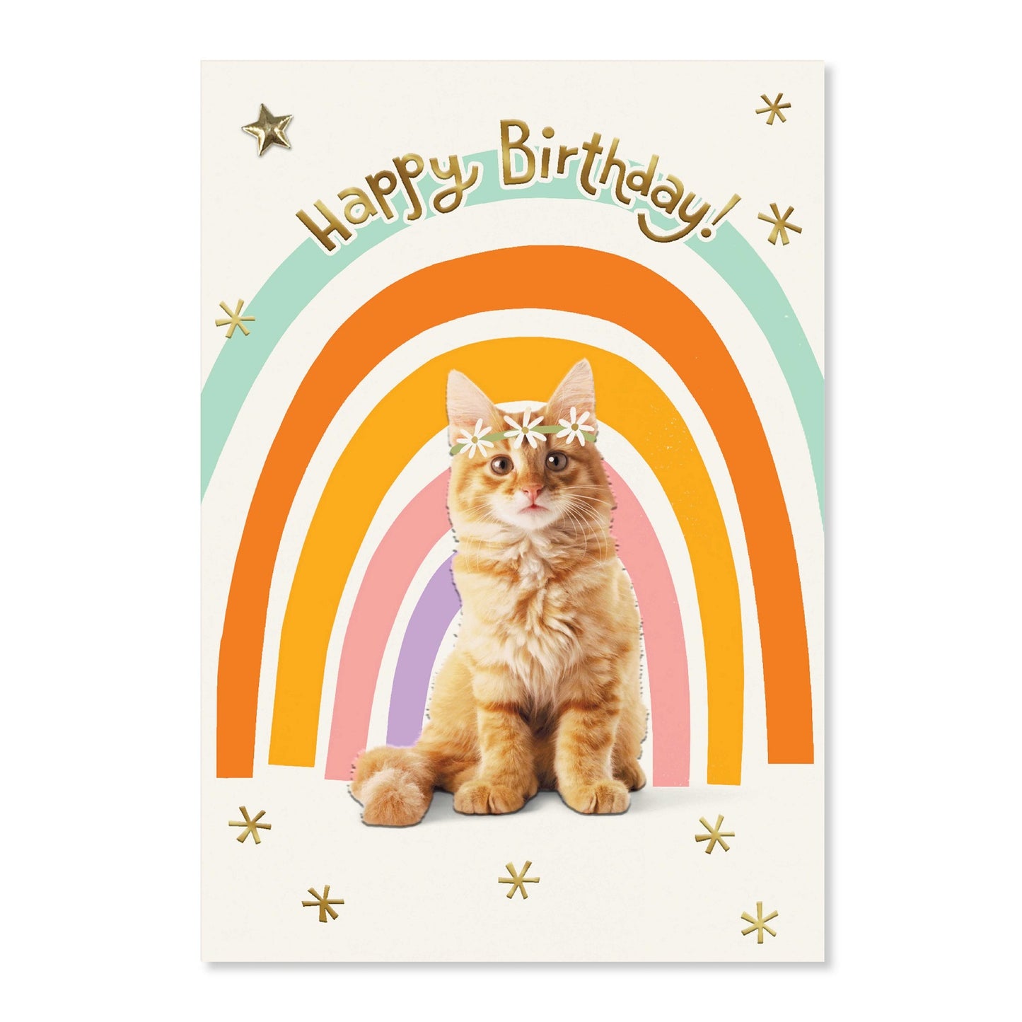 Connections from Hallmark Birthday Card - Happy Birthday! features a cat with flower crown and rainbow graphic on a cream background.