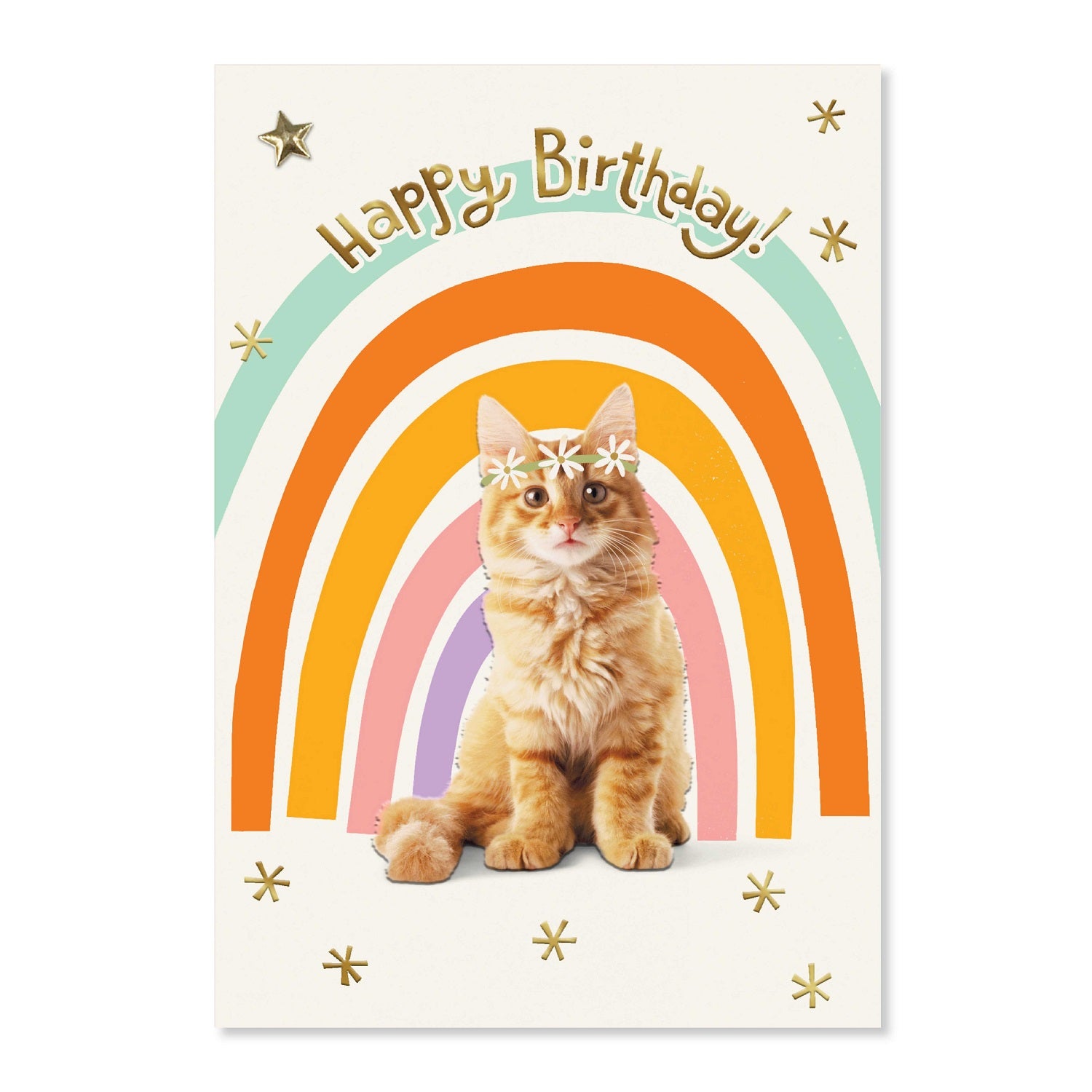 Connections from Hallmark Birthday Card - Happy Birthday! features a cat with flower crown and rainbow graphic on a cream background.