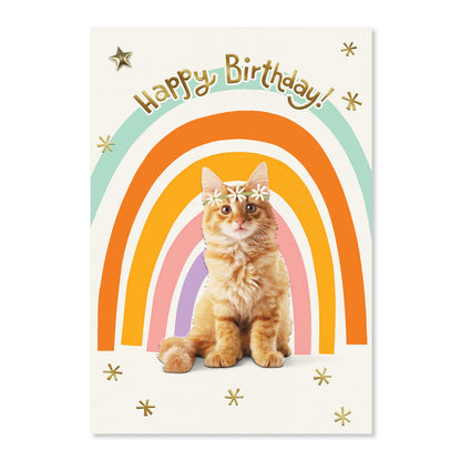 Connections from Hallmark Birthday Card - Happy Birthday! features a cat with flower crown and rainbow graphic on a cream background.