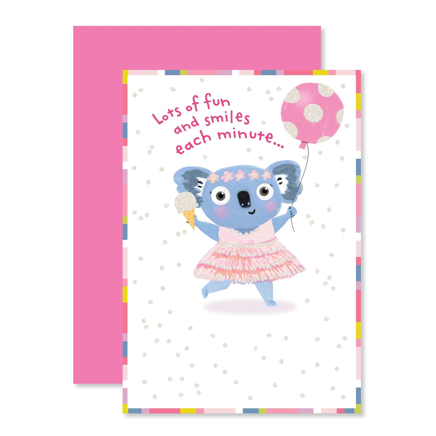 Connections from Hallmark Birthday Card - Lots of fun and smiles each minute… features a playful koala holding a balloon and ice cream.