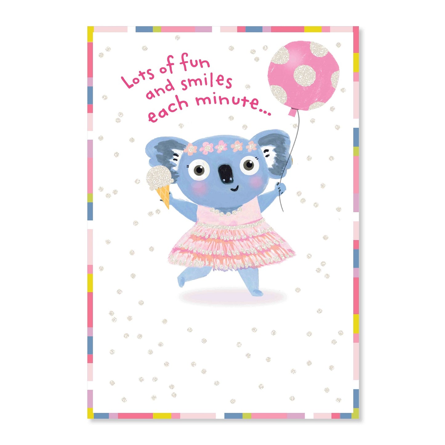 Connections from Hallmark Birthday Card featuring a playful koala in a pink dress holding a balloon and ice cream, detailed design