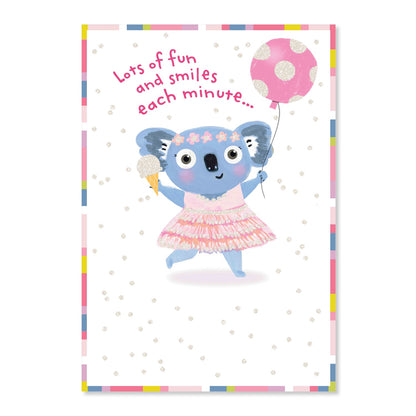 Connections from Hallmark Birthday Card featuring a playful koala in a pink dress holding a balloon and ice cream, detailed design
