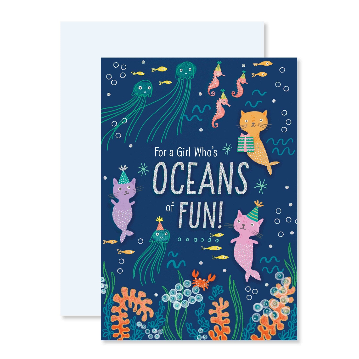 Connections from Hallmark Birthday Card - For a girl who's oceans of fun! featuring colourful underwater animals with foil accents on a deep blue background.