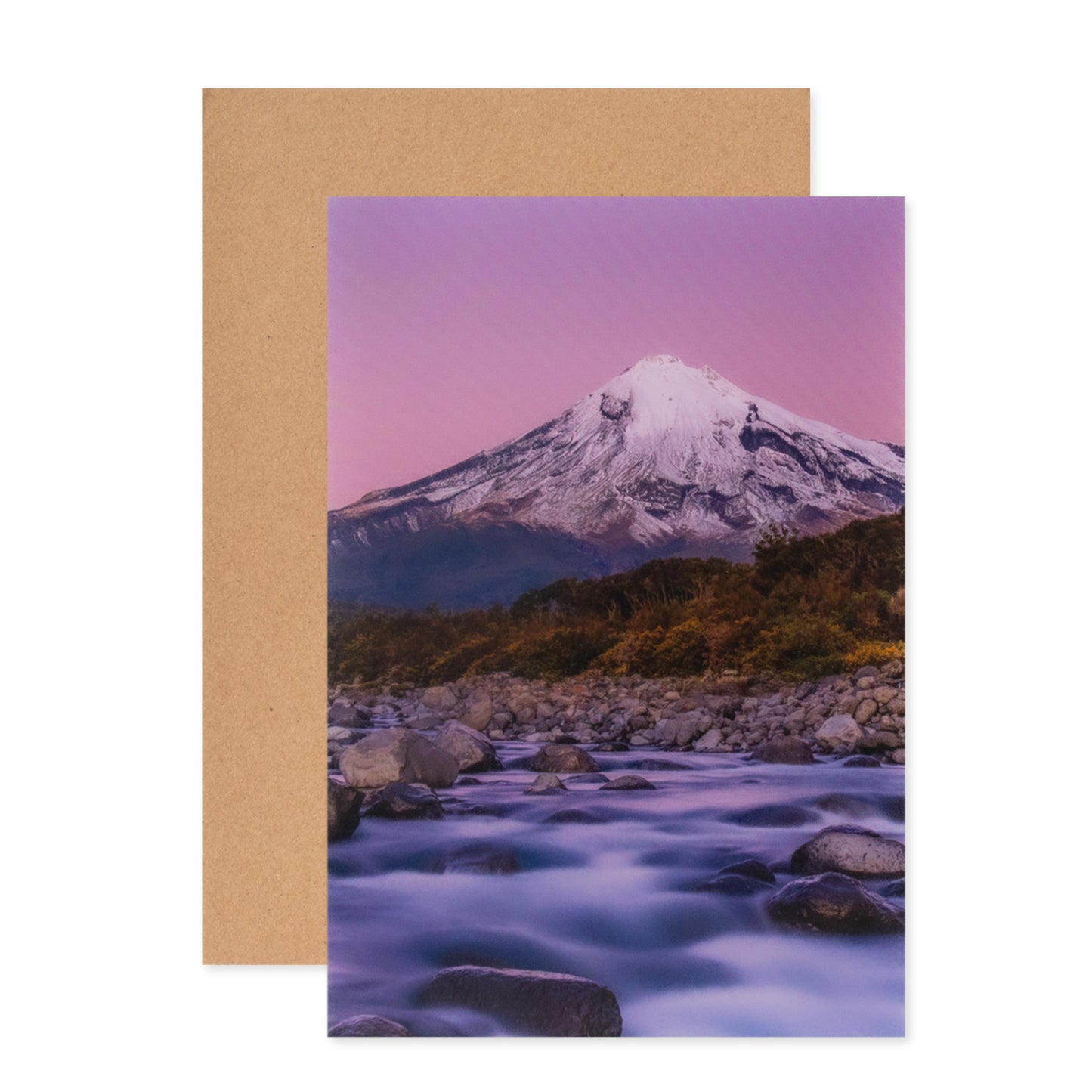 Hallmark Megan Maloney Photographic Card - Blank, featuring Mt Taranaki at dusk with kraft envelope, glossy finish, 17cm x 12cm.