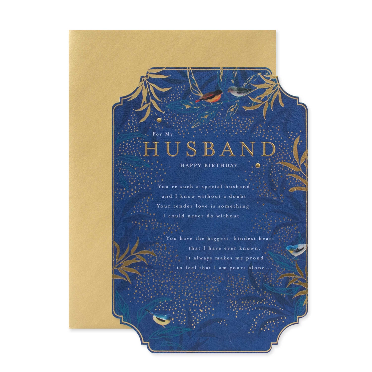 Celebrate your husband with this stunning card from Hallmark, featuring gold foil detailing and floral motifs on textured stock.