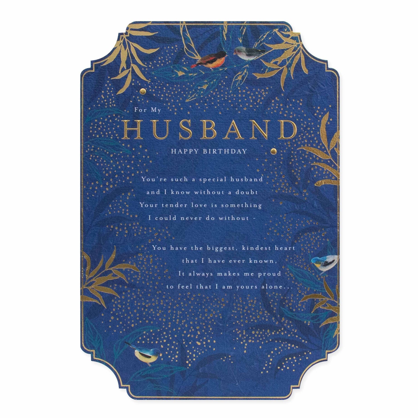Celebrate your husband with this stunning card from Hallmark, featuring gold foil, vibrant blue background, and intricate bird motifs.