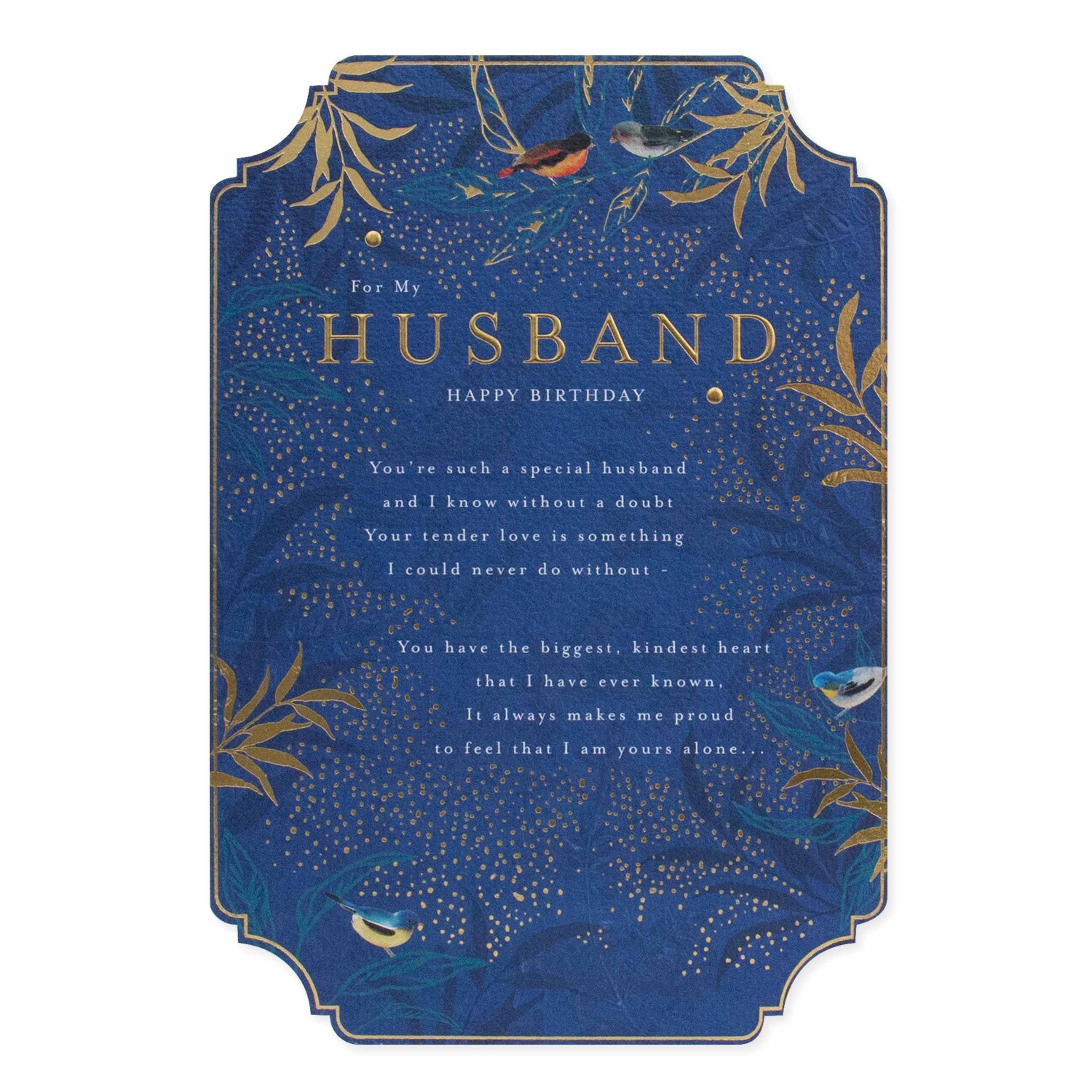 Celebrate your husband with this stunning card from Hallmark, featuring gold foil, vibrant blue background, and intricate bird motifs.