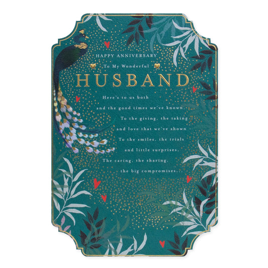 Celebrate your Husband on your Anniversary with this stunning card from Hallmark. Textured stock with foliage and bird design.
