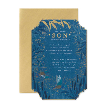 Hallmark Son Birthday Card - For a lovely Son with gold foil and emboss detailing, featuring bird and foliage design, flat lay presentation.