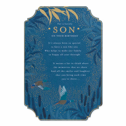 Hallmark Son Birthday Card - For a lovely Son, blue textured stock, gold foil detail, featuring birds and foliage.