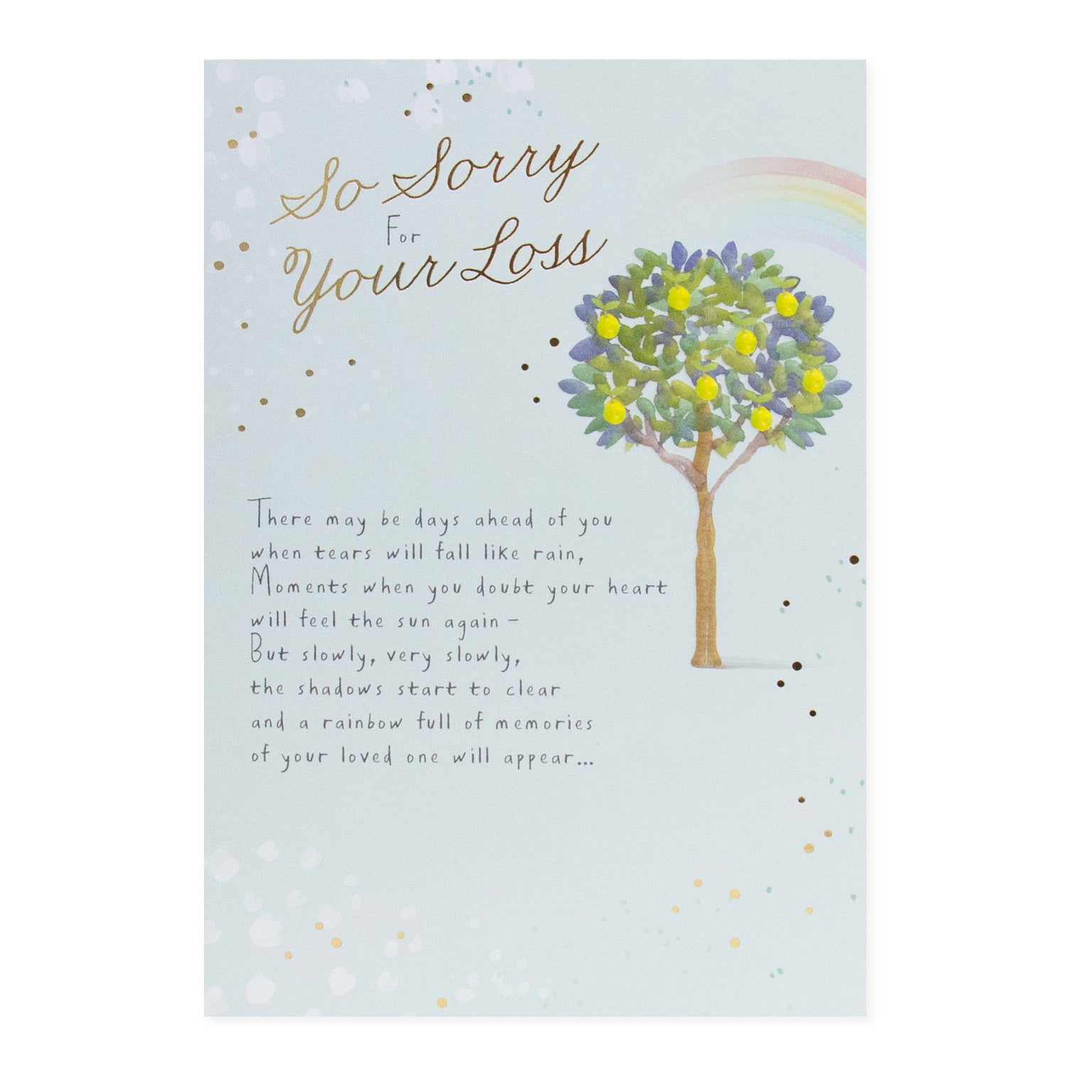 Hallmark Sympathy Card - So sorry for your loss, featuring a watercolour design with gold foil, displaying a tree and heartfelt message.