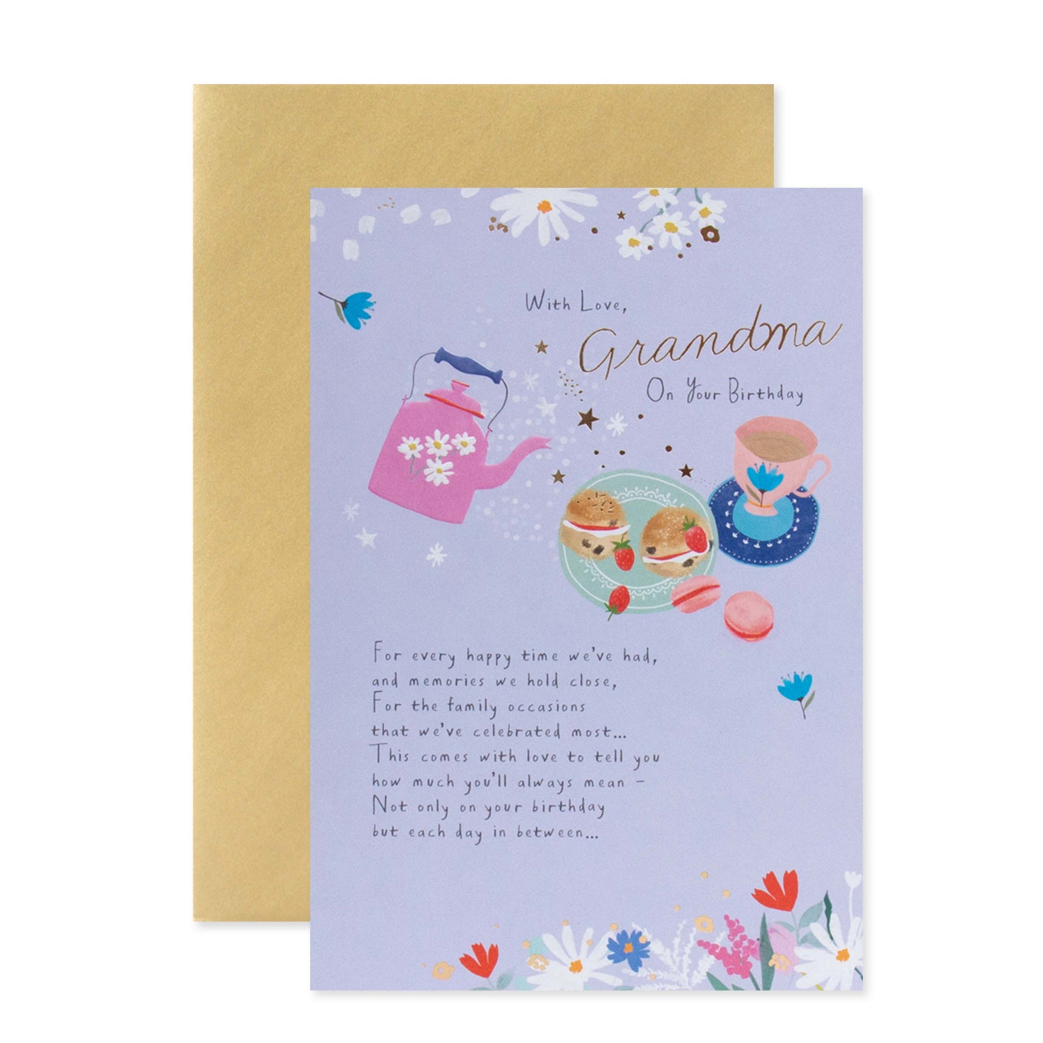 Hallmark Grandma Birthday Card - With love, Grandma on your birthday featuring pastel colours, floral design, and gold foil details, flat lay view.