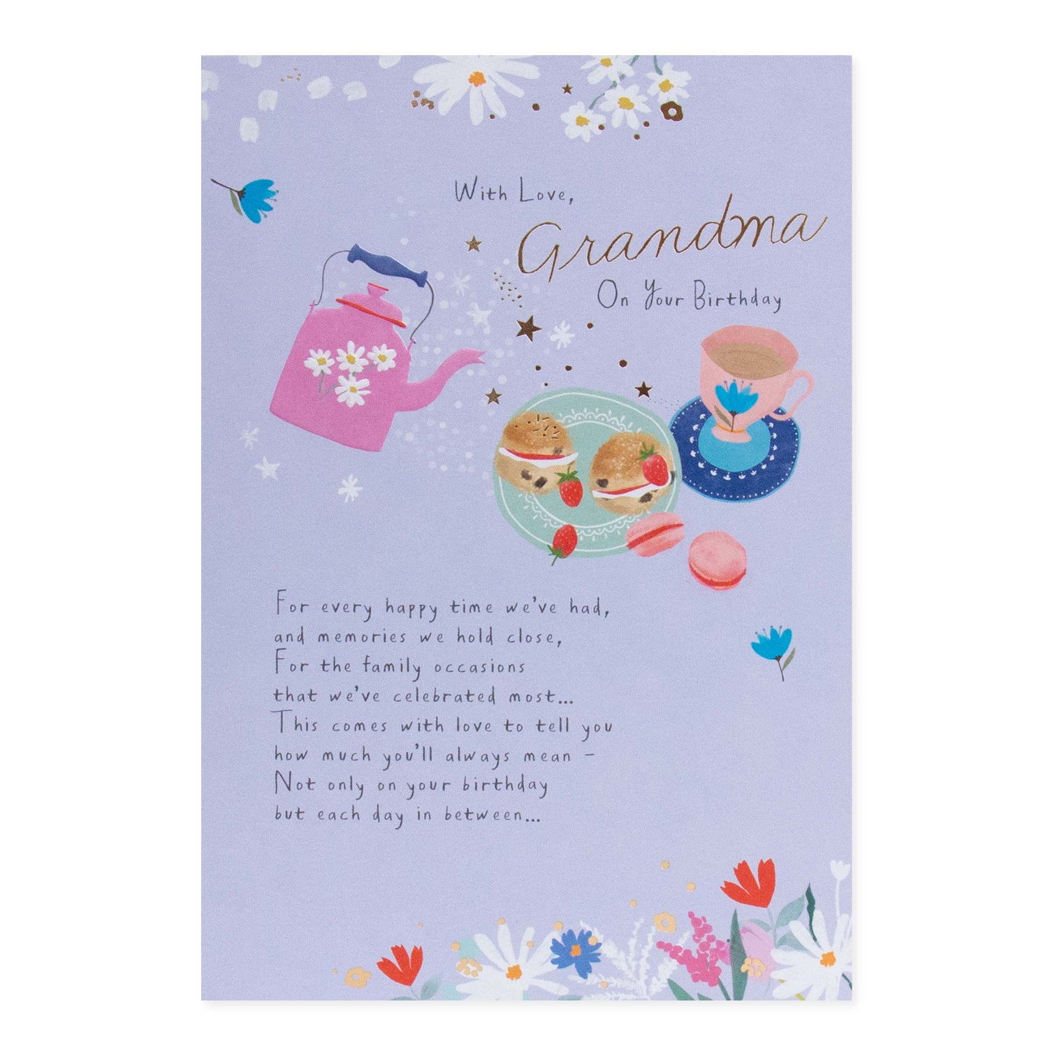 Hallmark Grandma Birthday Card - With love, Grandma On Your Birthday, pastel design featuring tea set and floral details, flat lay view.