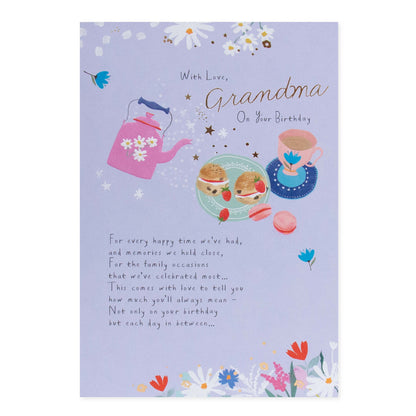 Hallmark Grandma Birthday Card - With love, Grandma On Your Birthday, pastel design featuring tea set and floral details, flat lay view.