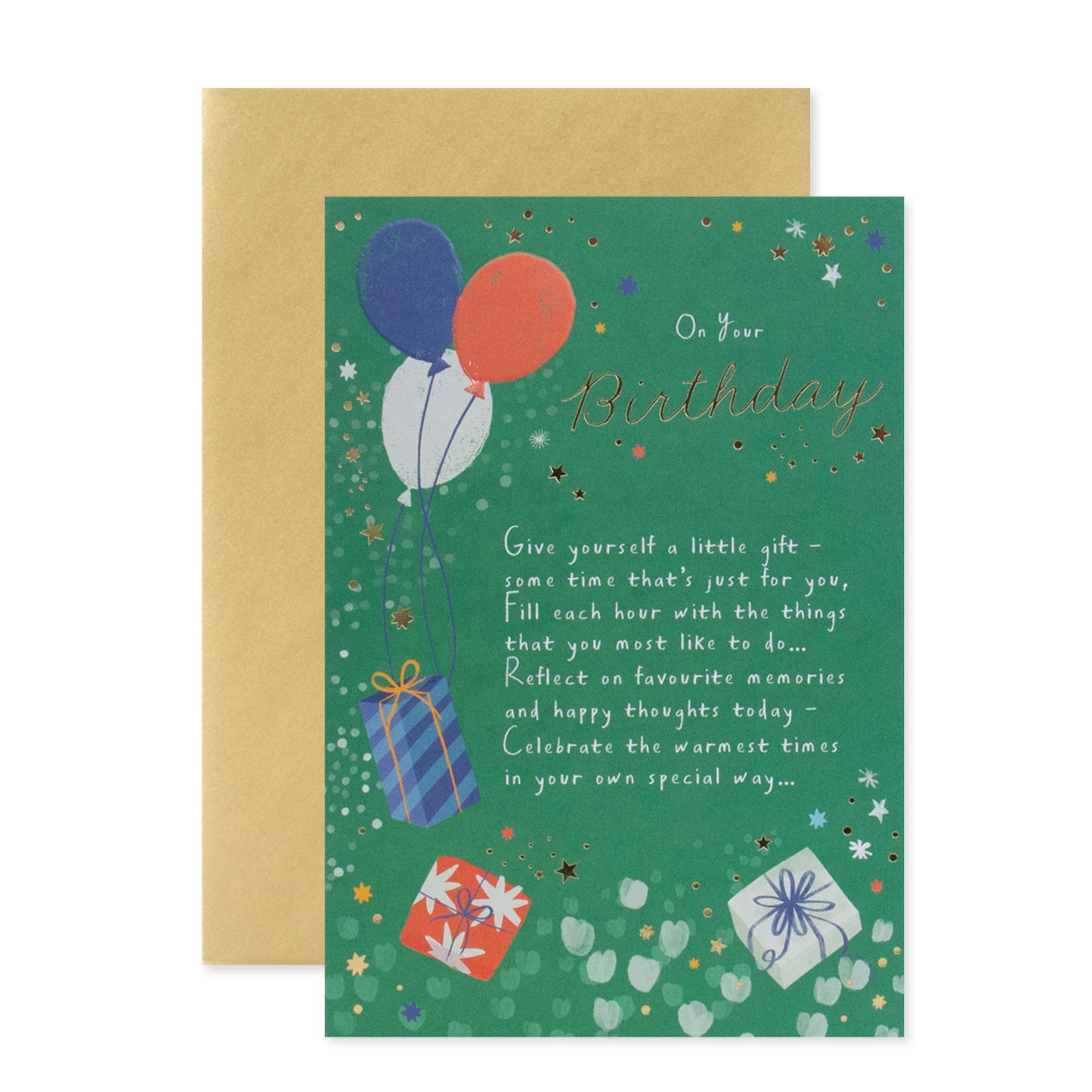 Hallmark Birthday Card - On Your Birthday features illustrated balloons, gift designs, and gold foil detailing, with a green background and kraft envelope.
