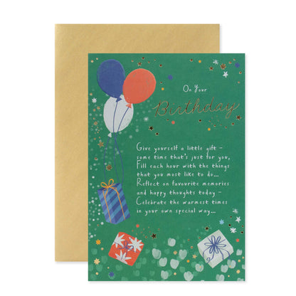 Hallmark Birthday Card - On Your Birthday features illustrated balloons, gift designs, and gold foil detailing, with a green background and kraft envelope.