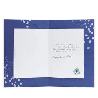 Hallmark Birthday Card - On Your Birthday, open view with floral design and heartfelt message inside, featuring blue colour scheme.