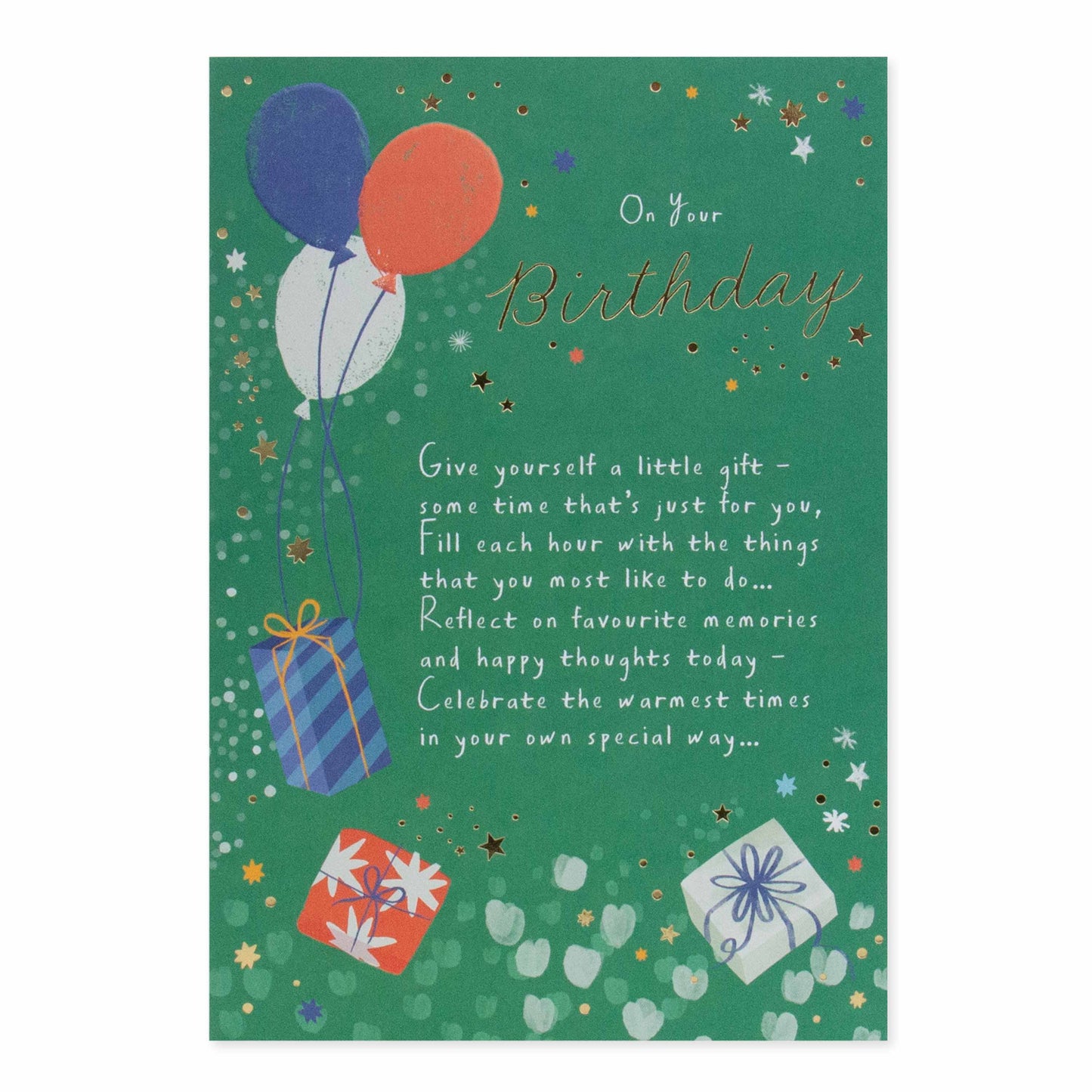 Hallmark Birthday Card - On Your Birthday featuring illustrated balloons and gifts on a green background with gold foil accents.