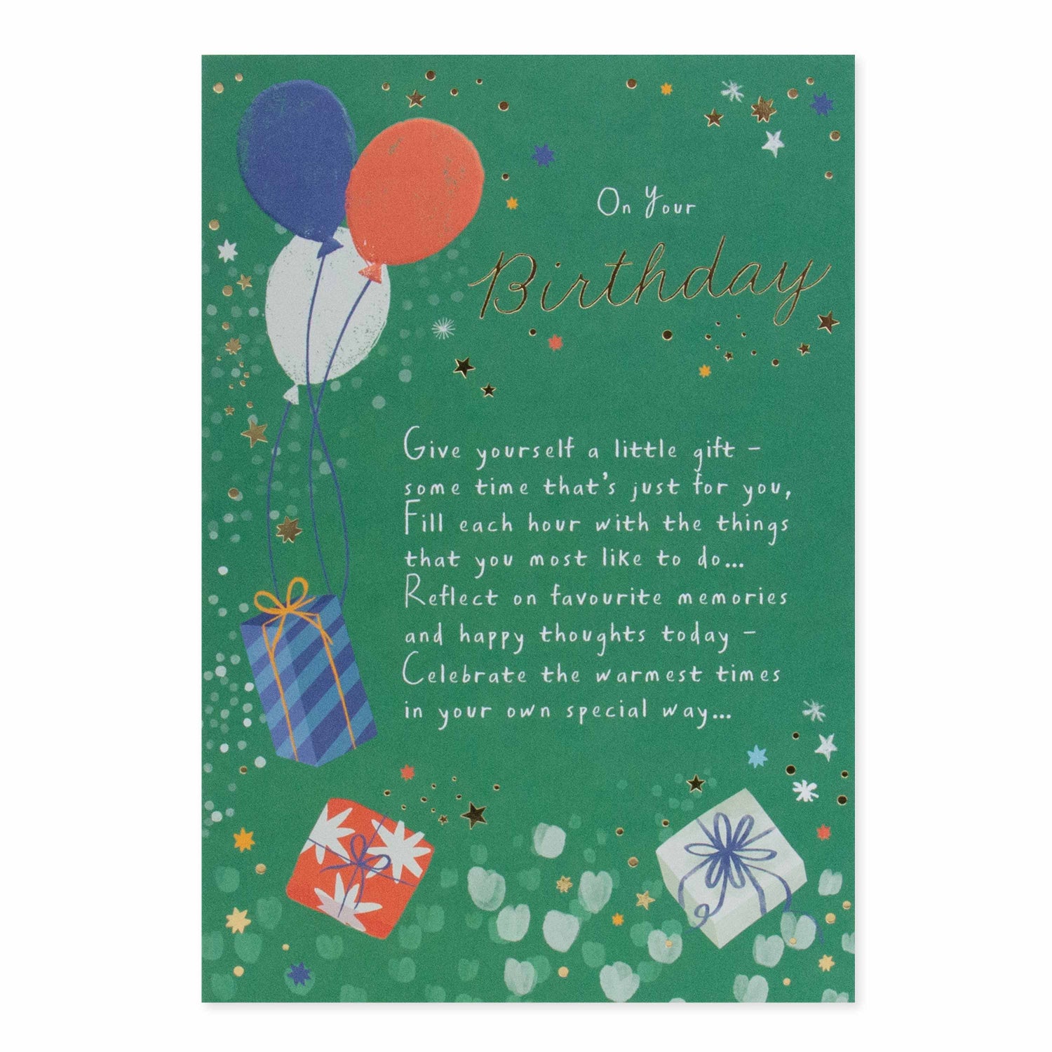 Hallmark Birthday Card - On Your Birthday featuring illustrated balloons and gifts on a green background with gold foil accents.