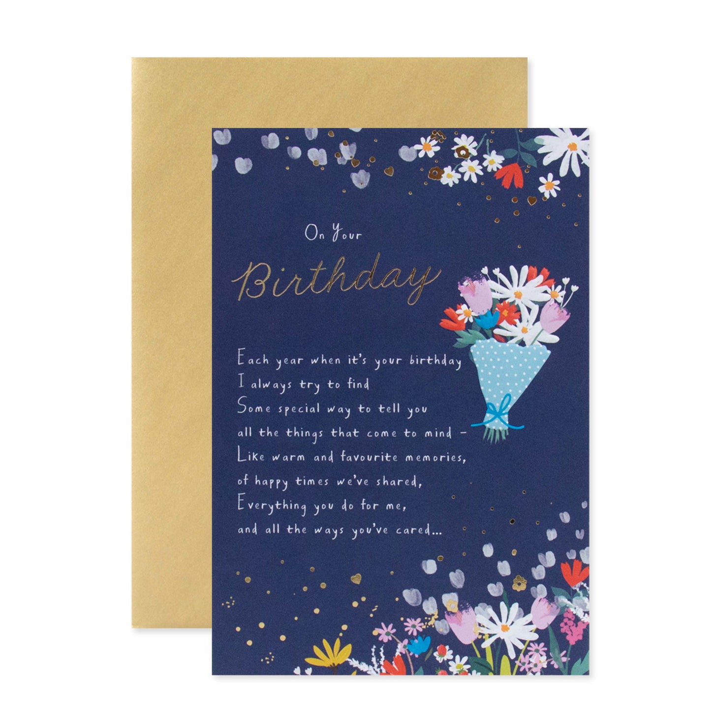 Hallmark Birthday Card - On Your Birthday featuring floral design, gold foil details, and cream envelope, flat lay view.
