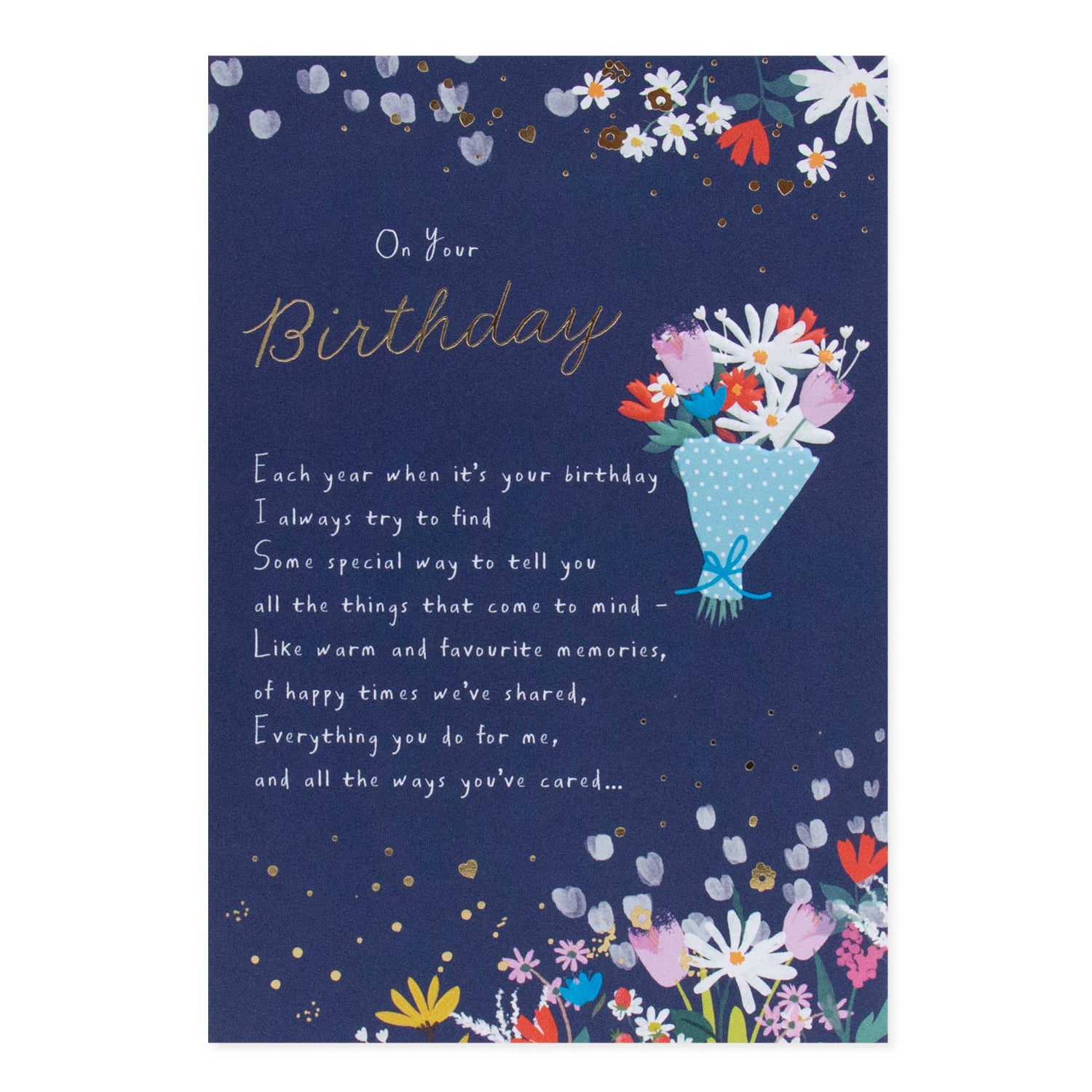 Hallmark Birthday Card - On Your Birthday featuring a vibrant floral bouquet illustration with gold foil detailing and heartfelt message.