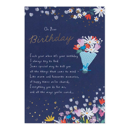Hallmark Birthday Card - On Your Birthday featuring a vibrant floral bouquet illustration with gold foil detailing and heartfelt message.