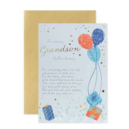Hallmark Grandson Birthday Card - For a lovely Grandson On Your Birthday featuring illustrated balloons and gifts, with gold foil details.