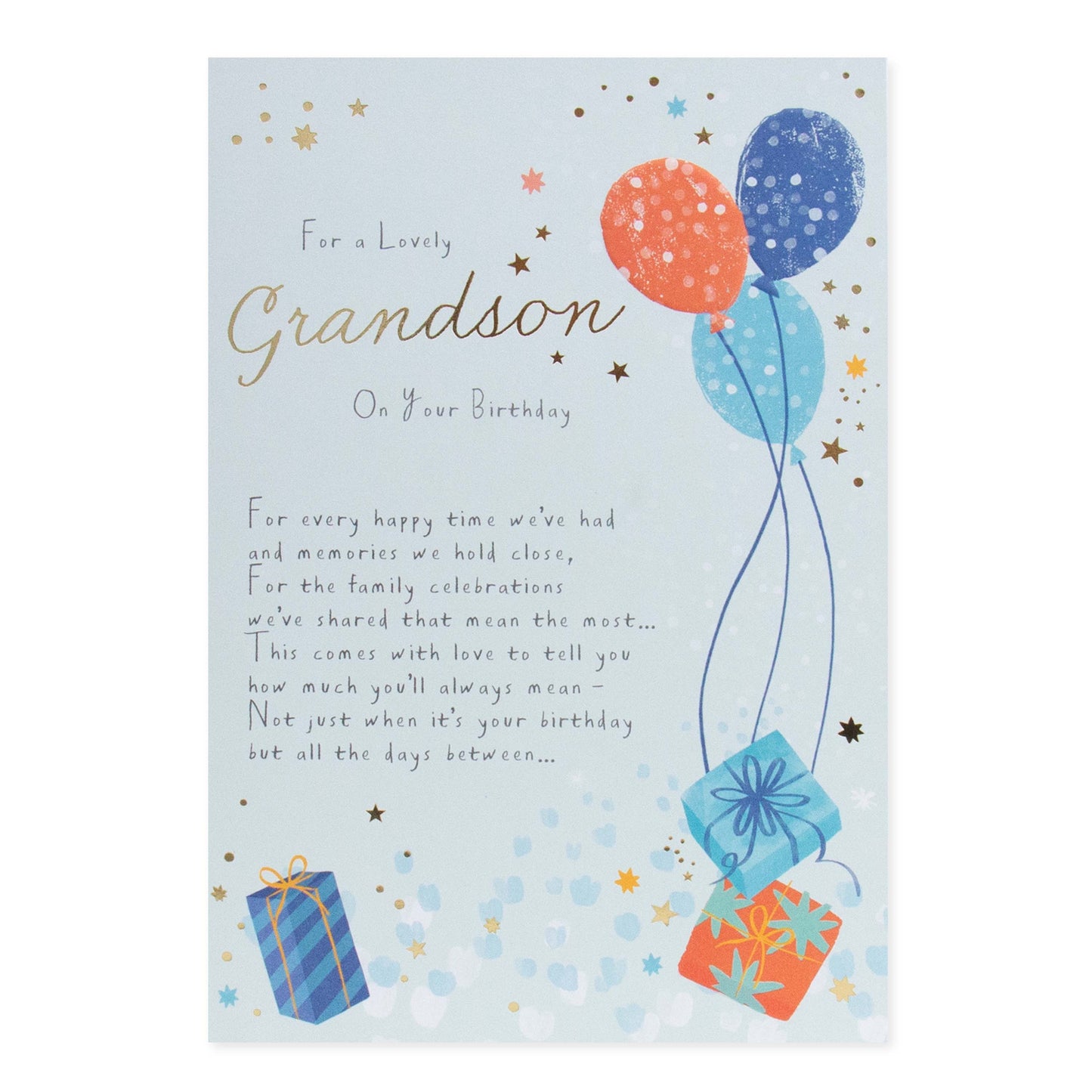 Hallmark Grandson Birthday Card - For a lovely Grandson On Your Birthday featuring illustrated balloons and gifts in soft colours, flat lay design.