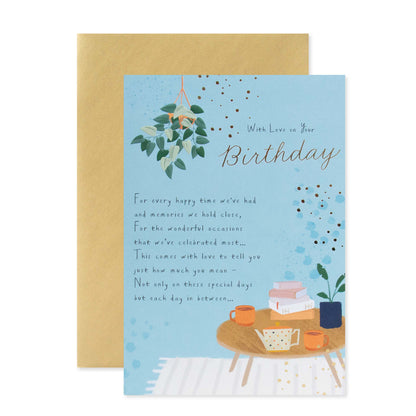 Hallmark birthday card - With Love on Your Birthday featuring illustrated coffee table design and gold foil details, flat lay view.