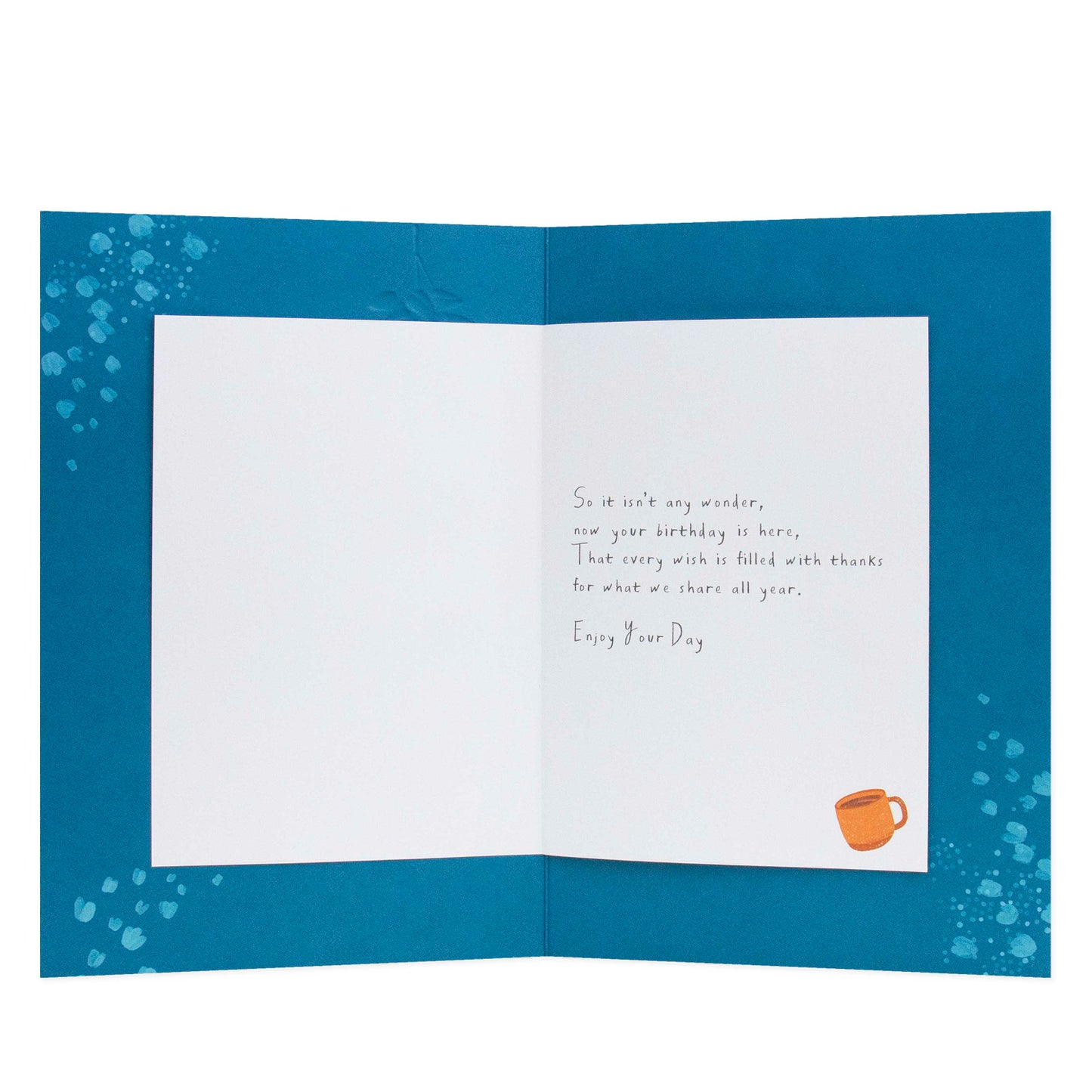 Hallmark birthday card - With Love on Your Birthday featuring an illustrated quote on a blue background with coffee cup detail.