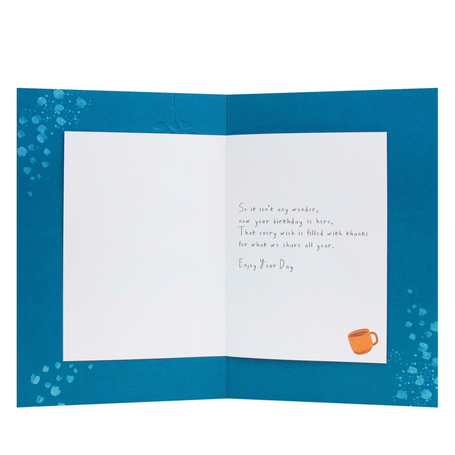 Hallmark birthday card - With Love on Your Birthday featuring an illustrated quote on a blue background with coffee cup detail.