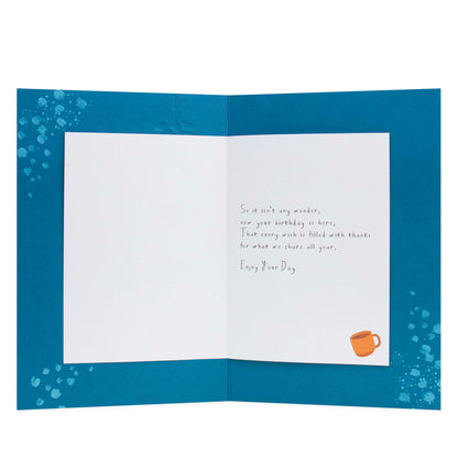 Hallmark birthday card - With Love on Your Birthday featuring an illustrated quote on a blue background with coffee cup detail.