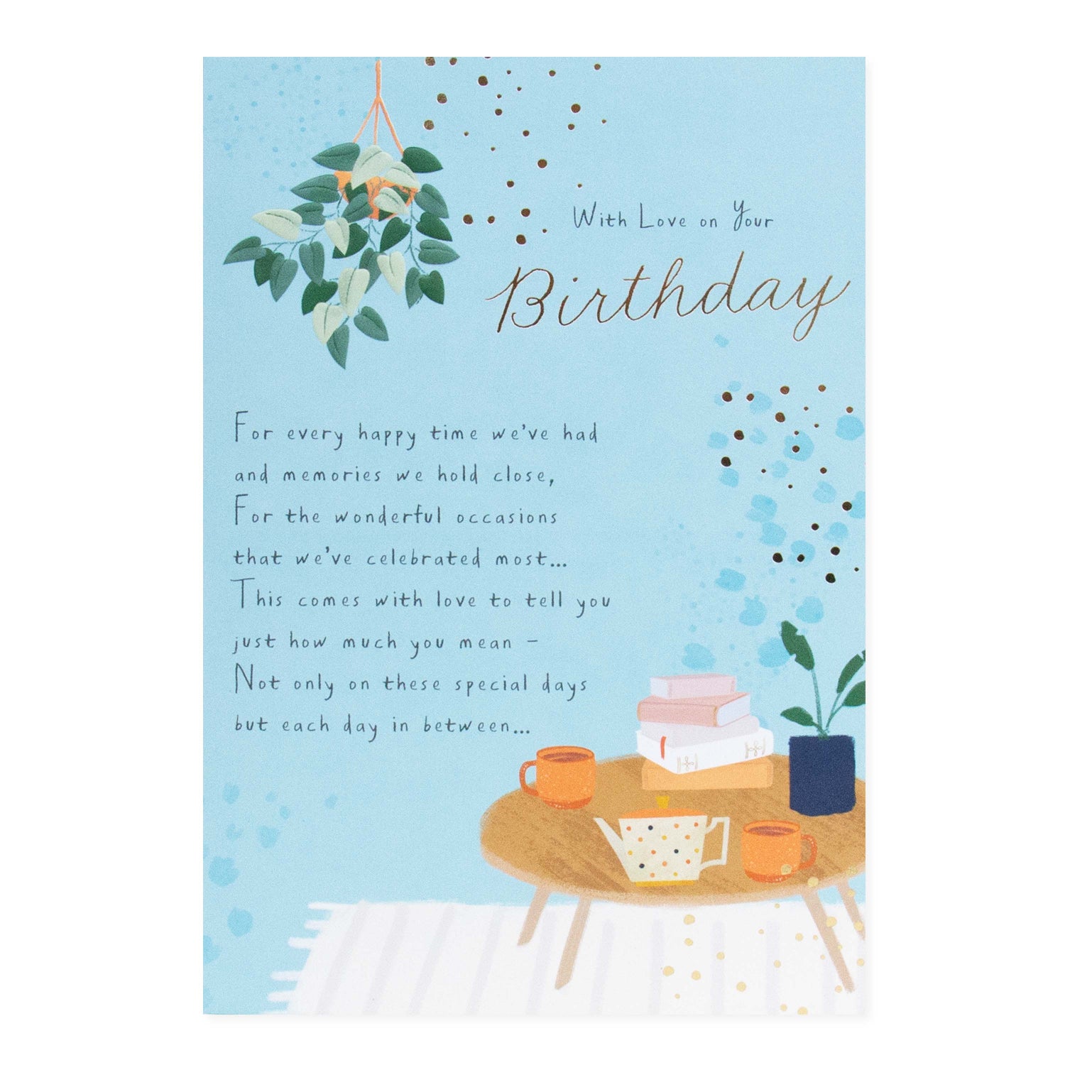 Hallmark birthday card - With Love on Your Birthday, featuring illustrated coffee table design and embossed details, flat lay view.