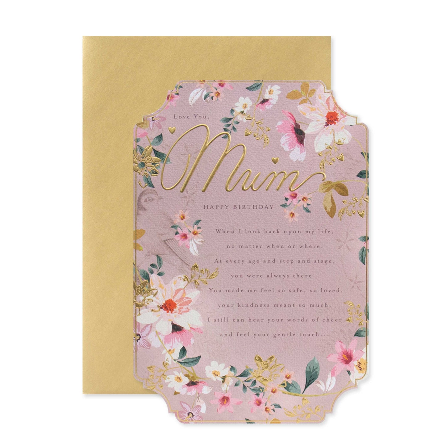 Hallmark Mum Birthday Card - Love you Mum, floral design with gold foil lettering, featuring a textured front and embossed details.