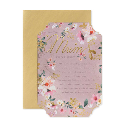 Hallmark Mum Birthday Card - Love you Mum, floral design with gold foil lettering, featuring a textured front and embossed details.